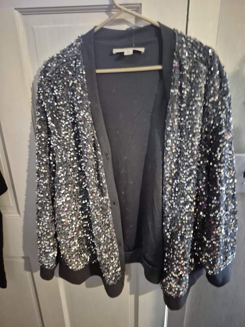 Women's Silver Sequin Bomber Jacket - Sparkle Open Front